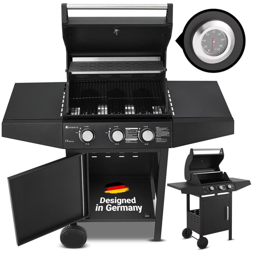 Juskys Barbecue à gaz Louisiana avec 3 brûleurs 8,1 kW, avec grille, couvercle – Grill avec thermomètre, chauffe-plat et tablettes latérales - 1