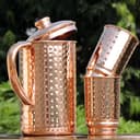 Pure Copper Ayurveda Pitcher and Tumbler Set - Hammered Design Jug with 2 Tumbers - 4