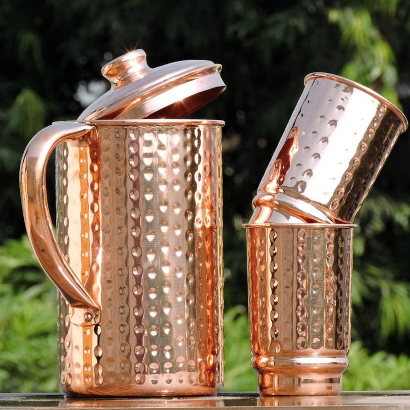 Pure Copper Ayurveda Pitcher and Tumbler Set - Hammered Design Jug with 2 Tumbers - 4