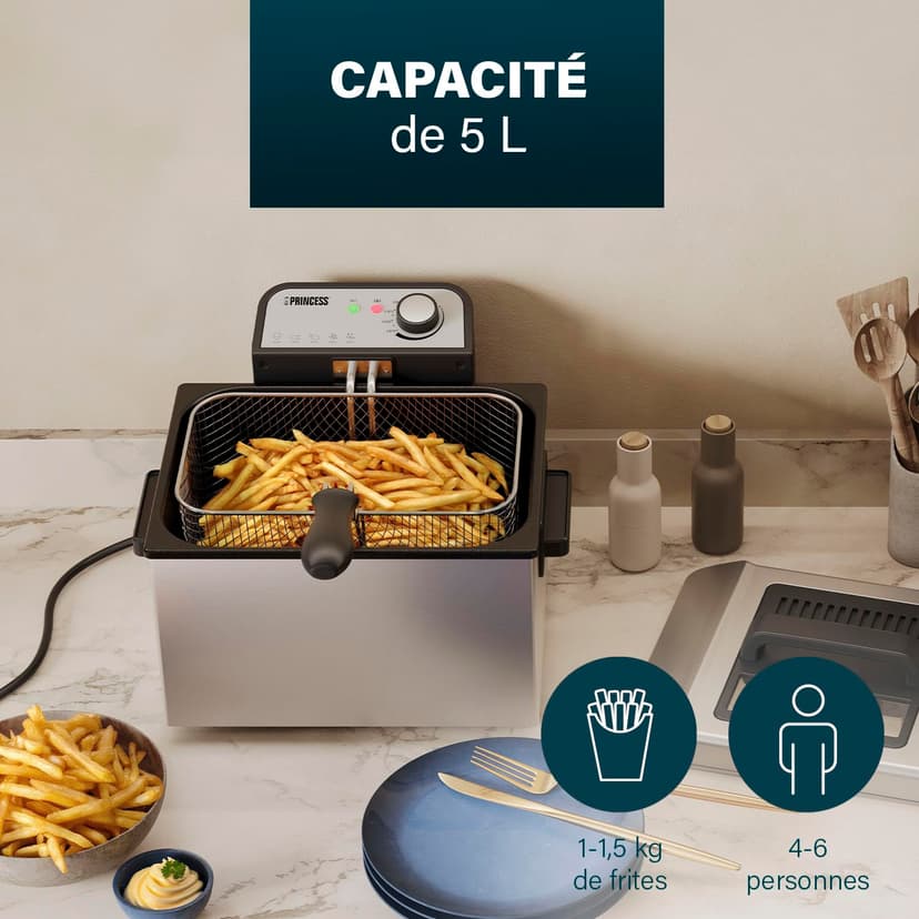 Princess Friggitrice, capacità 5 litri, 3270 W, tecnologia zona fredda, finestra di visualizzazione, acciaio inox, doppio termostato, facile da pulire, parti rimovibili, 01.184090.01.001 - 3