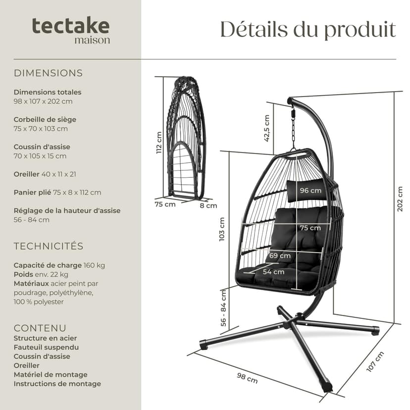 tectake® Fauteuil Oeuf Suspendu Chaise hamac Balancoire Cocooning Confortable Pliable Résistant, Fauteuil Relax avec Structure en Acier & Coussin Épais - 6
