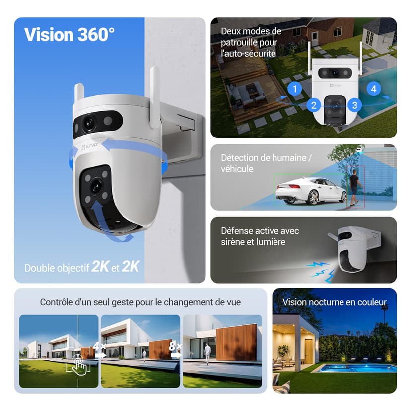 EZVIZ 3MP+3MP Caméra Surveillance WiFi Extérieure à Double Objectif, 360° PTZ Camera, Suivi Auto, Détection de Forme Humaine/Véhicule,Défense Active,Vision Nocturne Couleur 40M, C9c 2K Dual - 2