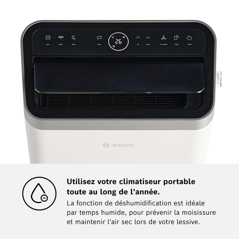 Bosch Cool 4000 Portable AC - 3 en 1 Climatiseur, Déshumidificateur, Ventilateur - 2,6 kW pour les pièces jusqu'à 35m² - Avec Mode Auto, Mode Silencieux et Mode Veille (48 db (A)) [Classe A+] - 9