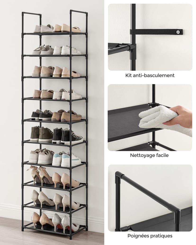 SONGMICS 10-Tier Shoe Rack, Shoe Stand, Space-Saving Shoe Storage, 45 x 28 x 173 cm, Metal Frame, Non-Woven Fabric Shelves, for Hallway, Bedroom, Black LSH010B02 - 7