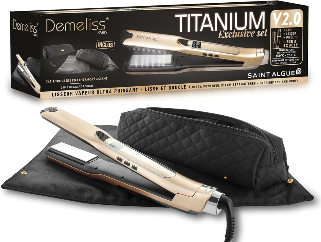 Demeliss Saint Algue Titanium V2.0 Steam Straightener Set - Includes 2-in-1 Mat - High Performance Smoothing and Intense Hydration - for All Hair Types