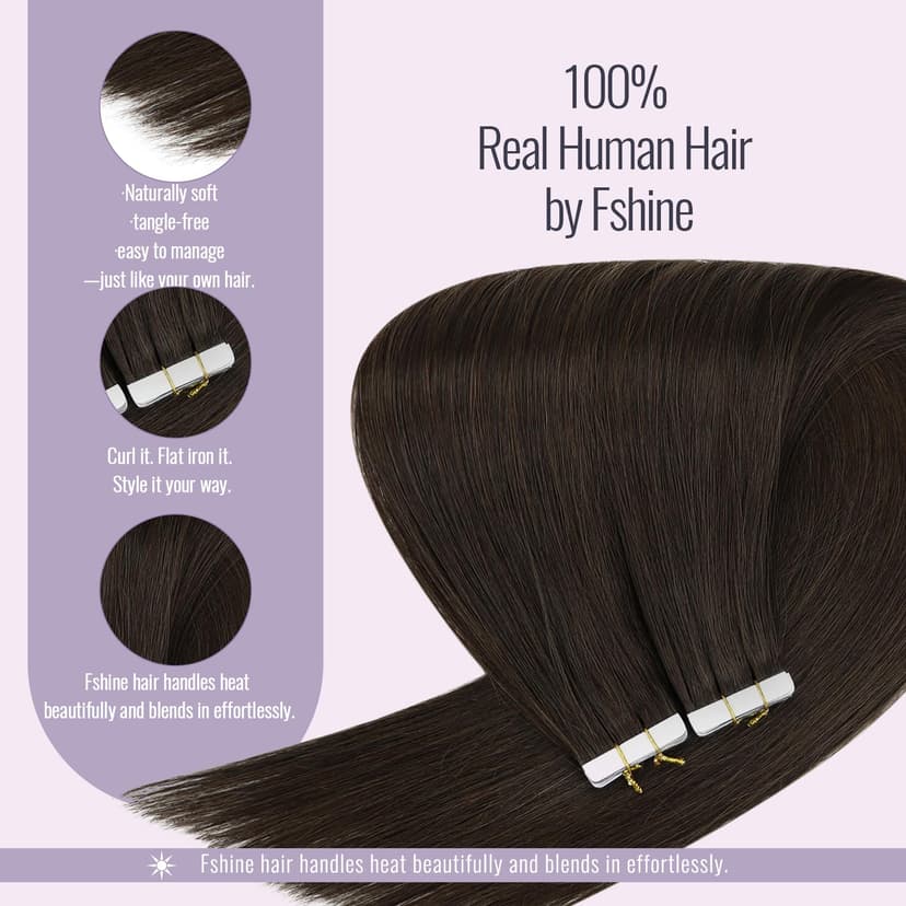 Fshine Tape in Hair Extension Real Human Hair Dark Brown 20 Inch 50g 20Pcs Glue in Hair Extensions Invisible Double Sided Tape Extensions Color 2 - 4