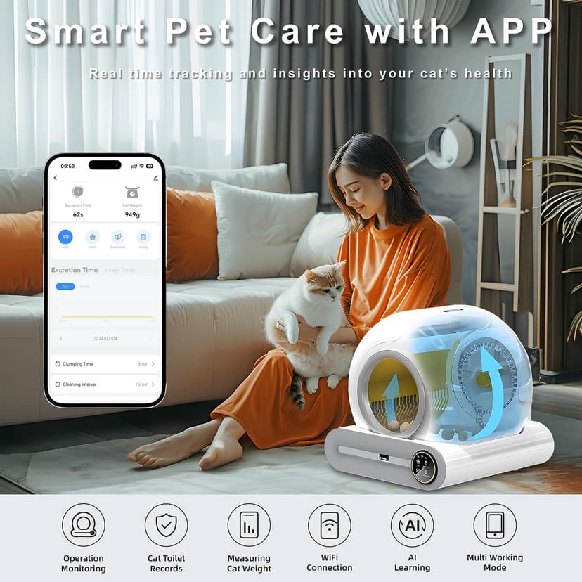 XQDKoon Automatic Cat Litter Box Self Cleaning with Odor Control, Safety Protection, APP Control, Odor Removal, 65L +9L Self Cleaning Litter Box Multiple Cats with 2 Roll Garbage Bags - 5