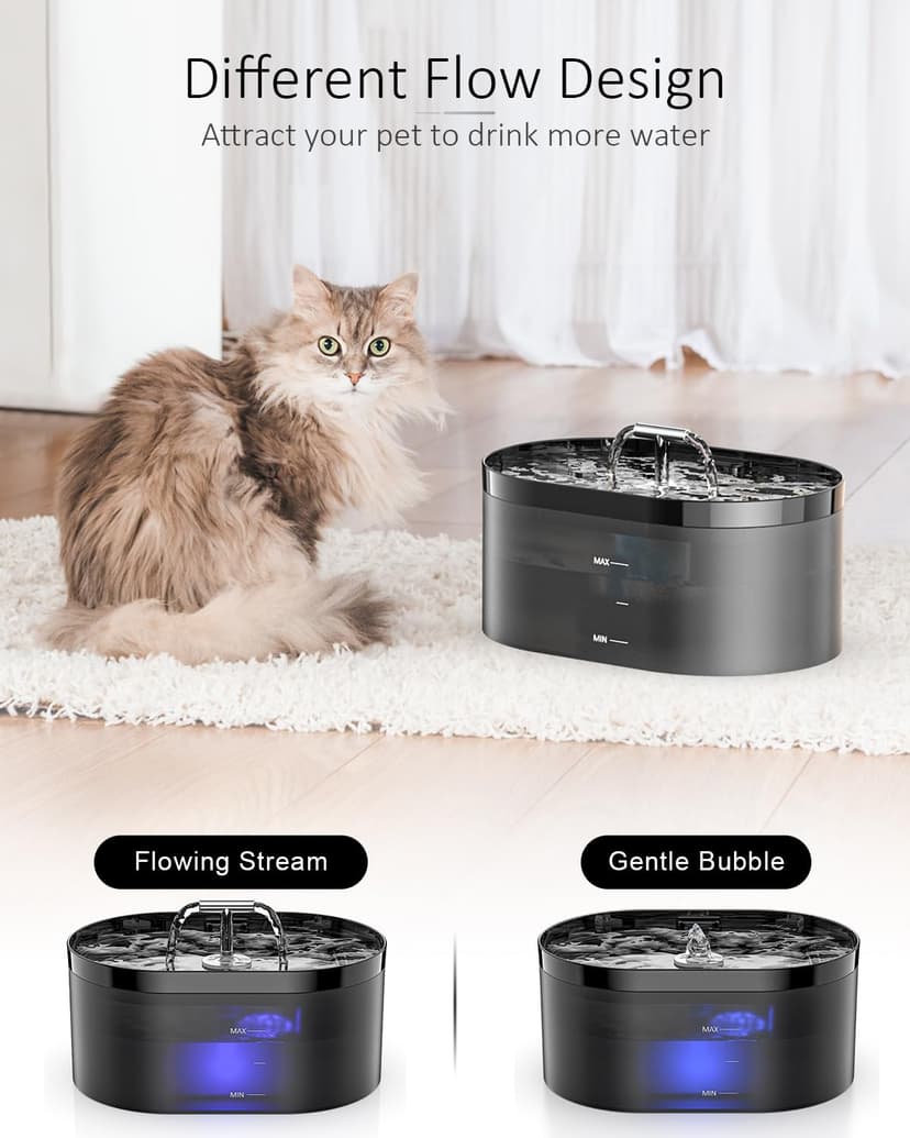Nenozi Cat Water Fountain for Drinking, 2.2L Automatic Dog Drinking Fountain with Super Silent Pump and Activated Carbon Filter Fountain Water Bowl for Pets （Black） (Grey, 2L) - 2