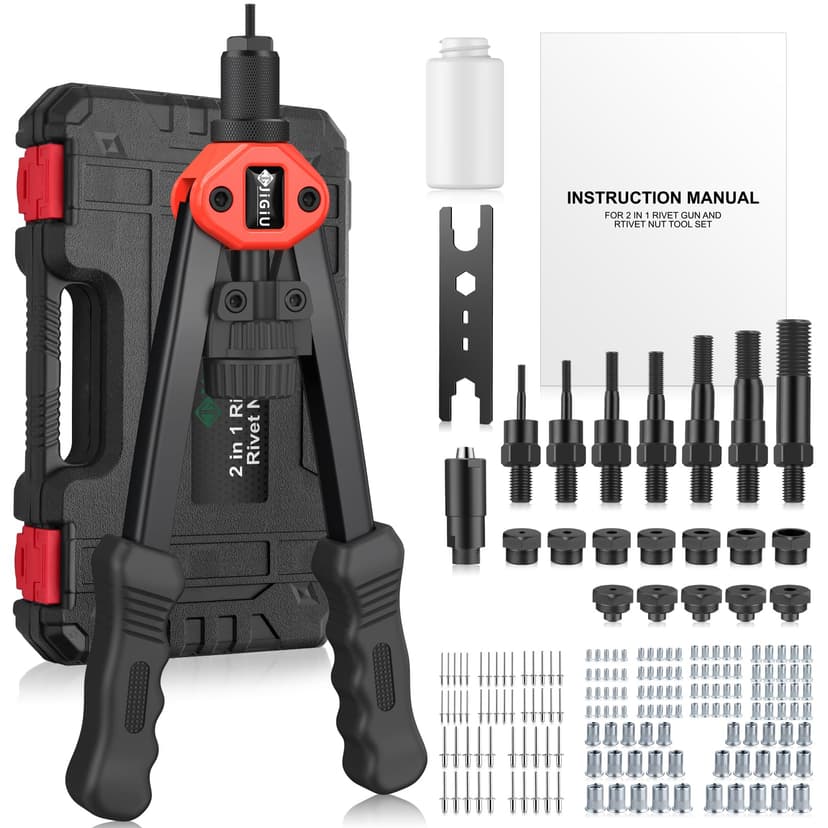 JiGiU 2 in 1 Rivet Nut Tool and Rivet Gun, Professional Hand Rivnut Gun Rivet Nut Gun Tool Heavy Duty Rivnut Tool Kit with M3 M4 M5 M6 M8 M10 M12 & 3.2/4.0/4.8/6.0/6.4 Rivet Heads,110 Nuts & 50 Rivets - 9