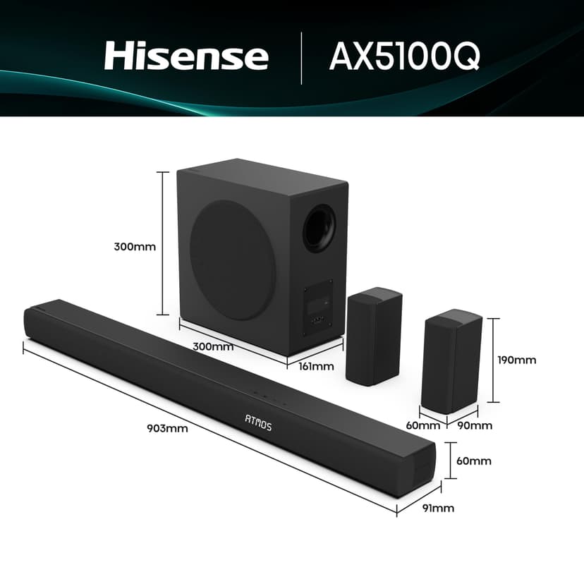Hisense AX5100Q, 5.1 CH Soundbar,Hi-Concerto,Dolby Atmos, DTS:X, Semi wireless rear surround speakers,6.5" wireless subwoofer, EzPlay - 3