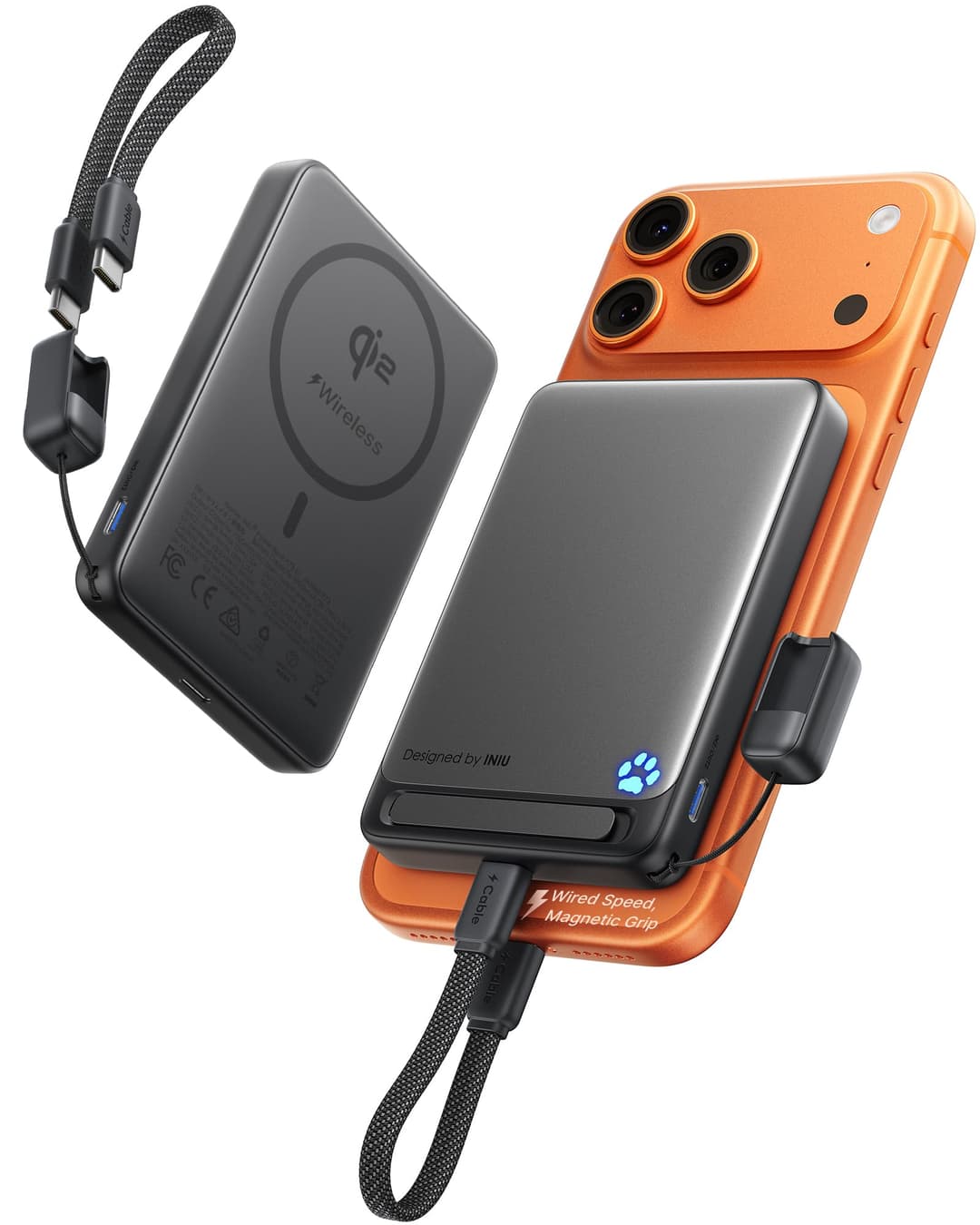 INIU Power Bank for Magsafe, Slimmest 10000 mAh 45 W Magnetic Power Bank, Qi2 Certified Ultra-Fast External Mobile Phone Batteries with Lanyard USB C Cable & Stand, Only for iPhone 17 16 15 14 13