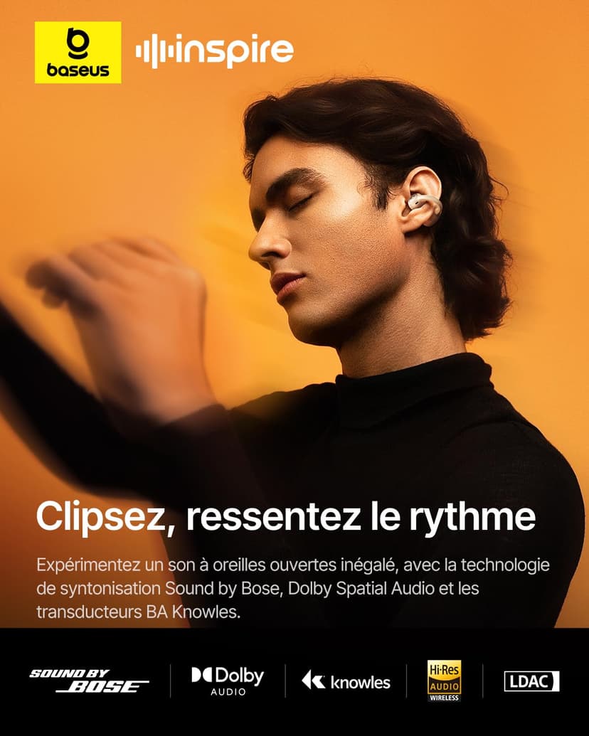 Baseus Inspire XC1 Écouteurs Bluetooth sans Fil Open-Ear, Sound by Bose, Cloud-Confort, Dolby Audio | Hi-Res | Haut-Parleur Hybride 2 Voies | Tweeter Knowles BA, autonomie 40 h, IP66, AI-Clear Calls - 2