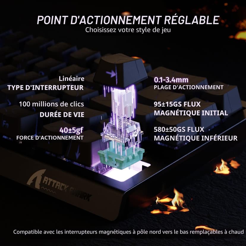 ATTACK SHARK X68 HE Clavier 8000Hz Rapid Trigger, Clavier Gamer Filaire RGB 60% avec Précision RT de 0,01 mm avec Interrupteur Magnétique, Actionnement Réglable, Snap Tap, pour PC/Mac, Contours Noirs - 4