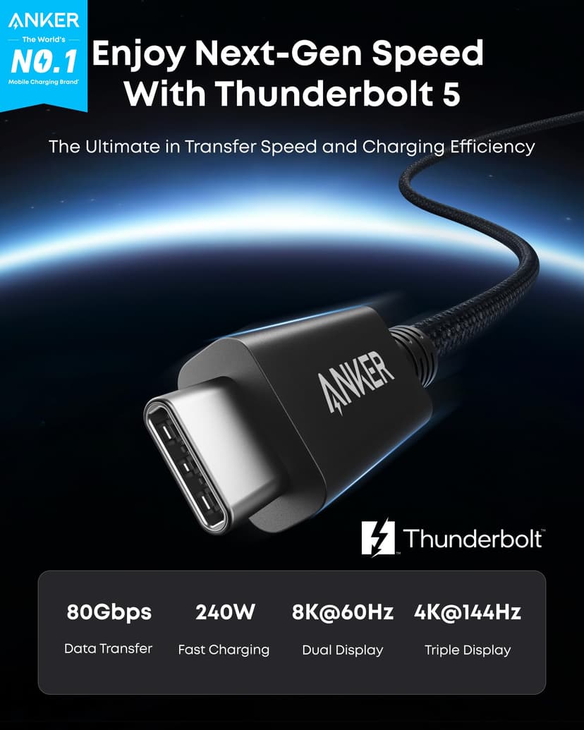 Anker Prime Thunderbolt 5 Cable, 3.3 FT USB C to USB-C Cable, 240W Charging, 80Gbps Data Transfer, 8K/4K Displays, for MacBook Pro, iPhone 17/16/15, iPad Pro,and More - 2