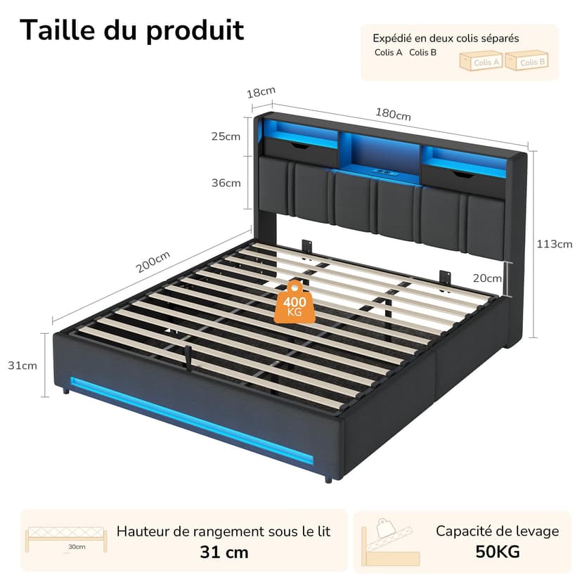 DICTAC Fully Padded Bed 180 x 200 cm with LED Bed Base and USB-C Charging Station – Hydraulic Storage Bed, Headboard with AC+USB Sockets, Slatted Frame for 2 People, Without Mattress - 2