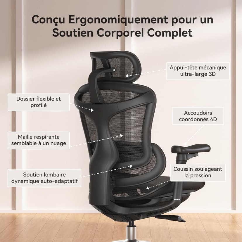SIHOO Doro C300 Ergonomic Office Chair with Ultra Soft 3D Armrests, Dynamic Lumbar Support for Home Office, Adjustable Backrest Desk Chair (Black) - 4