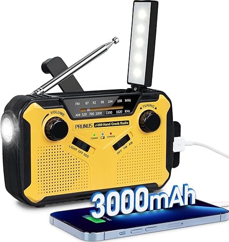 PRUNUS J-369 Wind Up Radio Solar, AM/FM Emergency Hand Crank Radio, Battery Radio with 3000mAh Power Bank, LED Torch, SOS Alarm, USB Phone Charger Perfect for Emergencies & Outdoor Survival