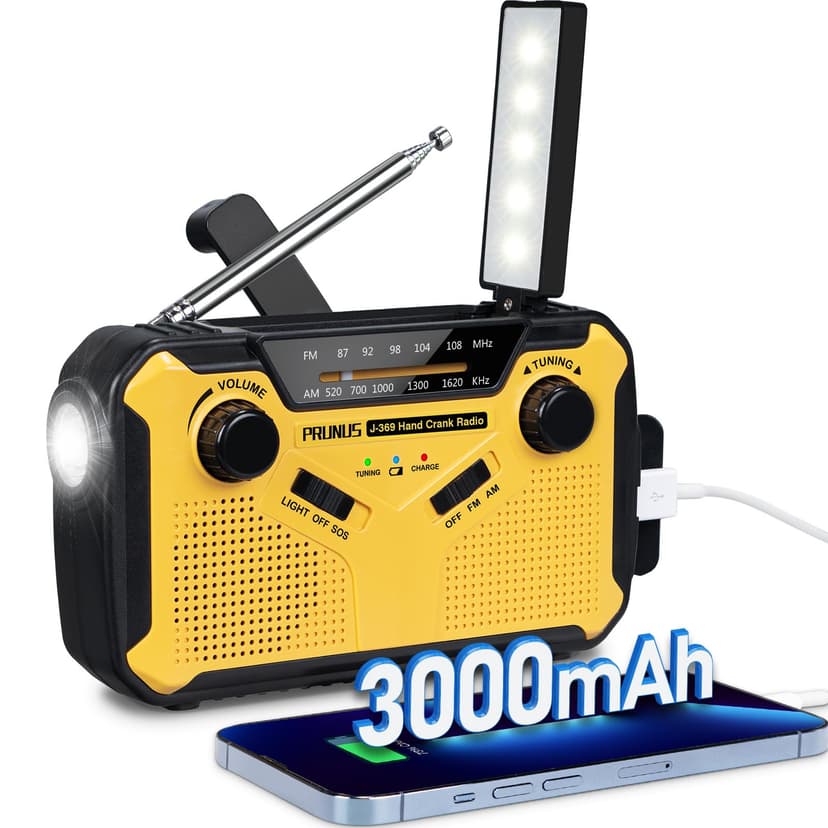 PRUNUS J-369 Wind Up Radio Solar, AM/FM Emergency Hand Crank Radio, Battery Radio with 3000mAh Power Bank, LED Torch, SOS Alarm, USB Phone Charger Perfect for Emergencies & Outdoor Survival - 1