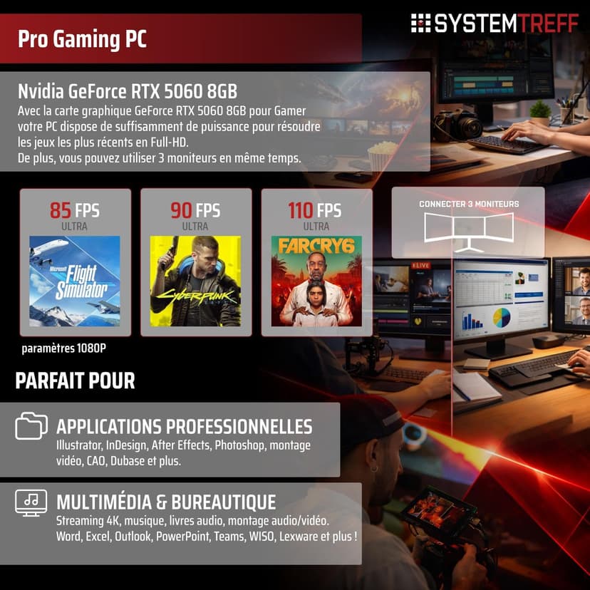 SYSTEMTREFF PC Gamer AMD Ryzen 7 5700X 8x4.6GHz | Nvidia RTX 5060 8Go DX12 | 1To M.2 NVMe | 32Go DDR4 RAM | Windows 11 | Ordinateur de Bureau WLAN pour Les Joueurs, Les Gamers & Streamer - 5