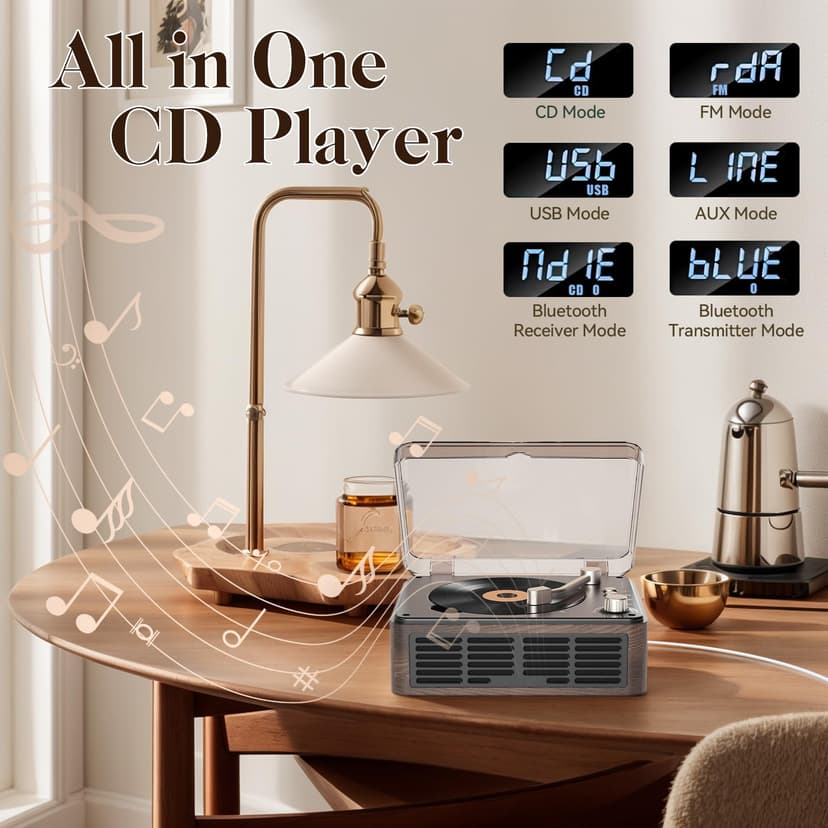 Gueray CD Player with Speakers HiFi Stereo Sound Vintage CD Player Bluetooth for Home, Retro Wood CD Players FM Radio with Remote Control, Support USB/AUX/Type-C Playback for Audio Books - 4