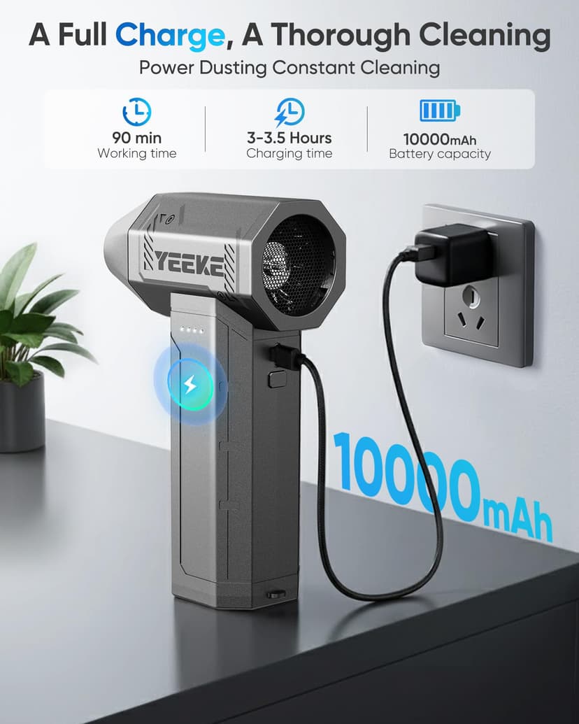 Yeeke Compressed Air Duster, Air Blower 180000 RPM & 400 G Wind Pressure, AST Charging Air Duster Electric with 10000 mAh Battery, 4-Gear Computer Air Duster PC Cleaner with LED Light for Cleaning - 3