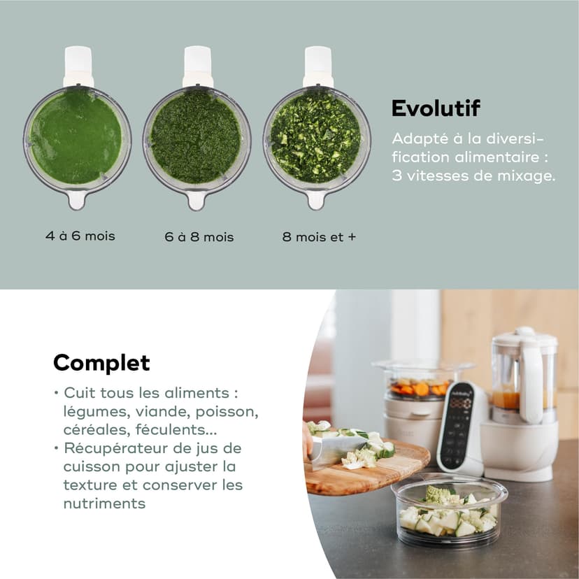 Babymoov Nutribaby(+), 6-in-1 Multifunctional Baby Food Steamer Mixer, Large Capacity 2.2L, Small Baby Pots, Ideal Food Diversification, Mineral Beige - 6