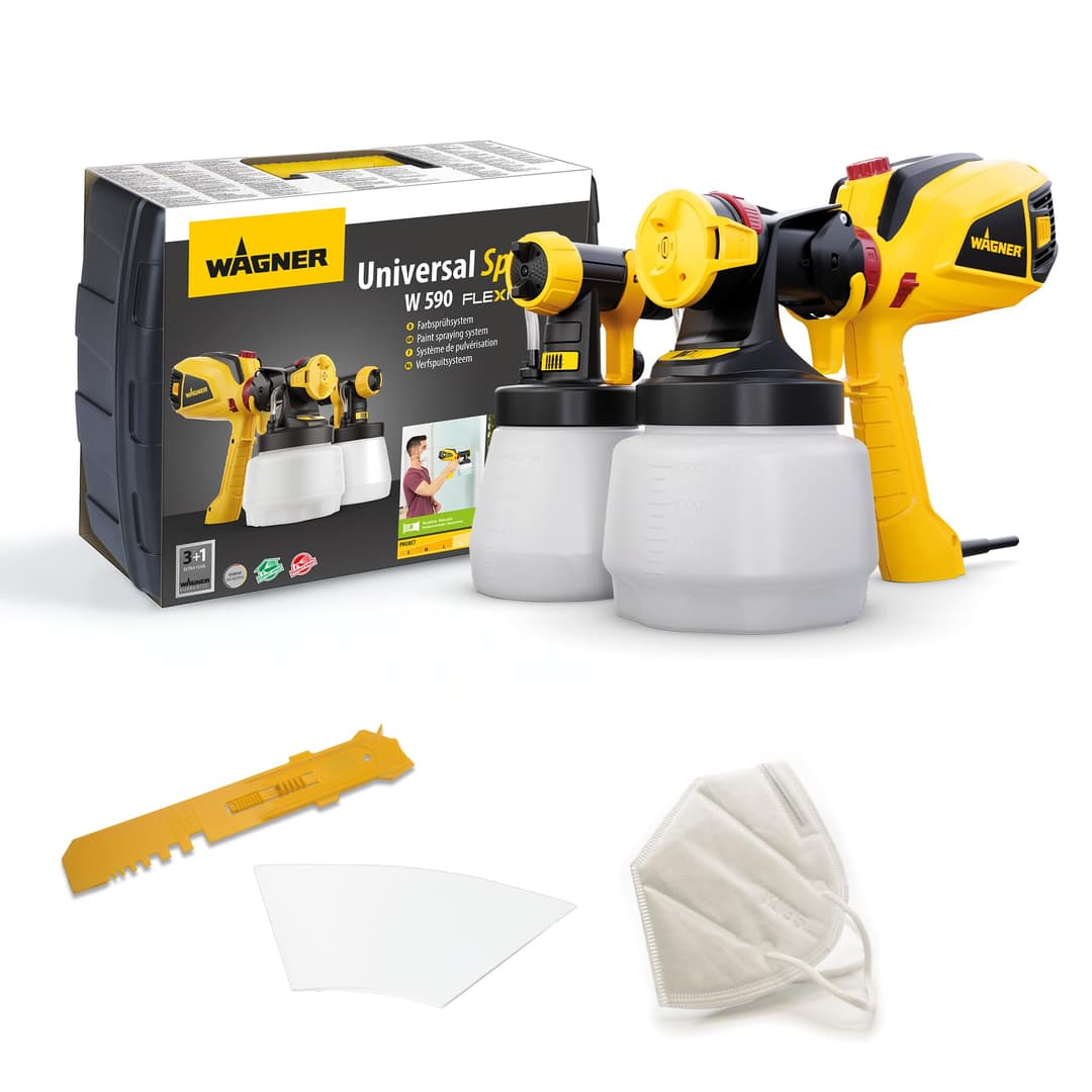 WAGNER Système de Peinture par pulvérisation W 590 FLEXiO pour peintures murales, Vernis & lasures à l'intérieur & à l'extérieur, 15 m²-6 Min, réservoir 1300 ml/800 ML, 630 W