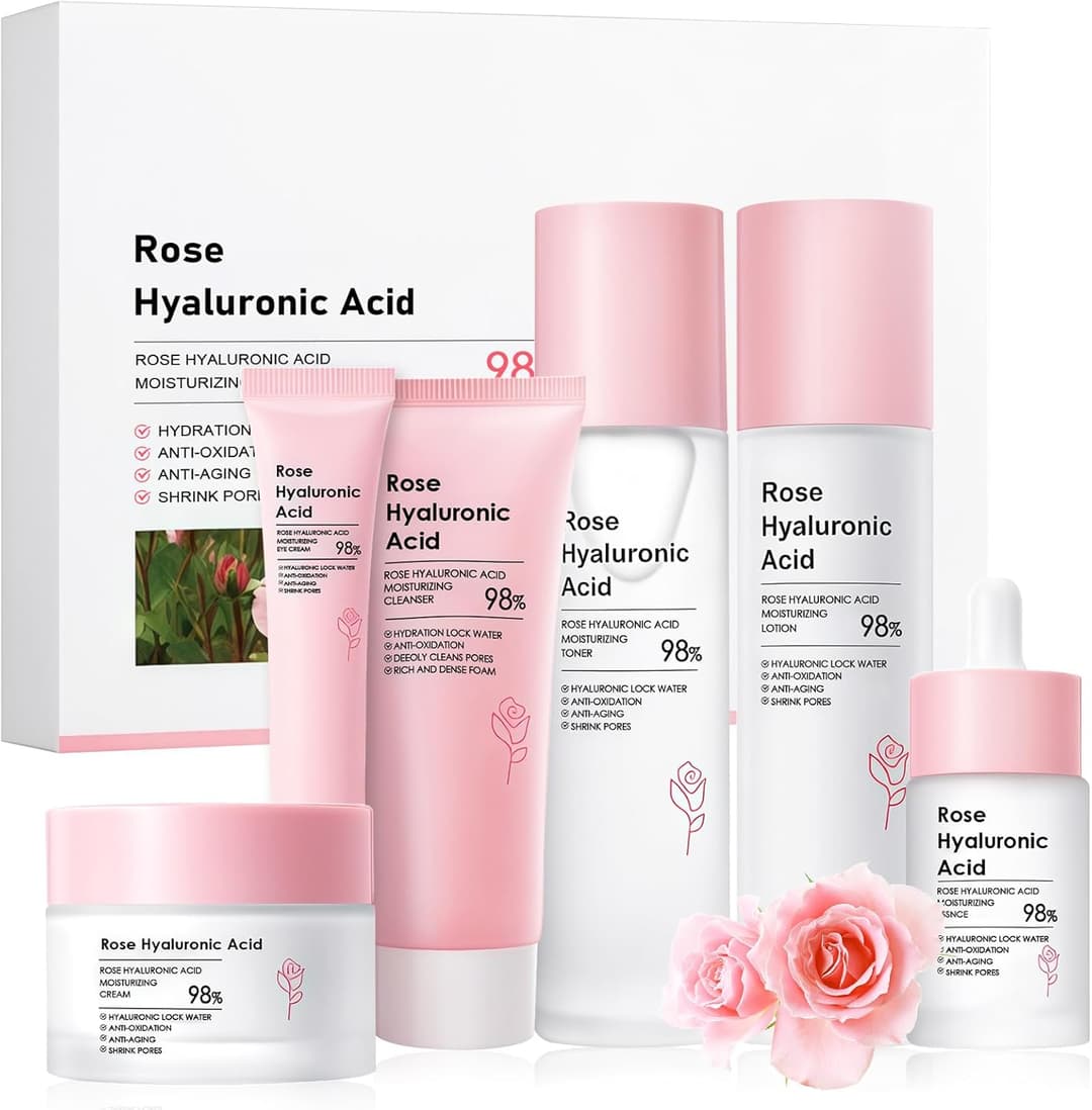 Ensemble de Soins du Visage à la Rose 6 pièces, Skin Care Set,Hydratation Intense, Coffret Soin Visage pour Femmes avec Nettoyant, Toner, Sérum, Crème, Lotion et Crème pour Les Yeux
