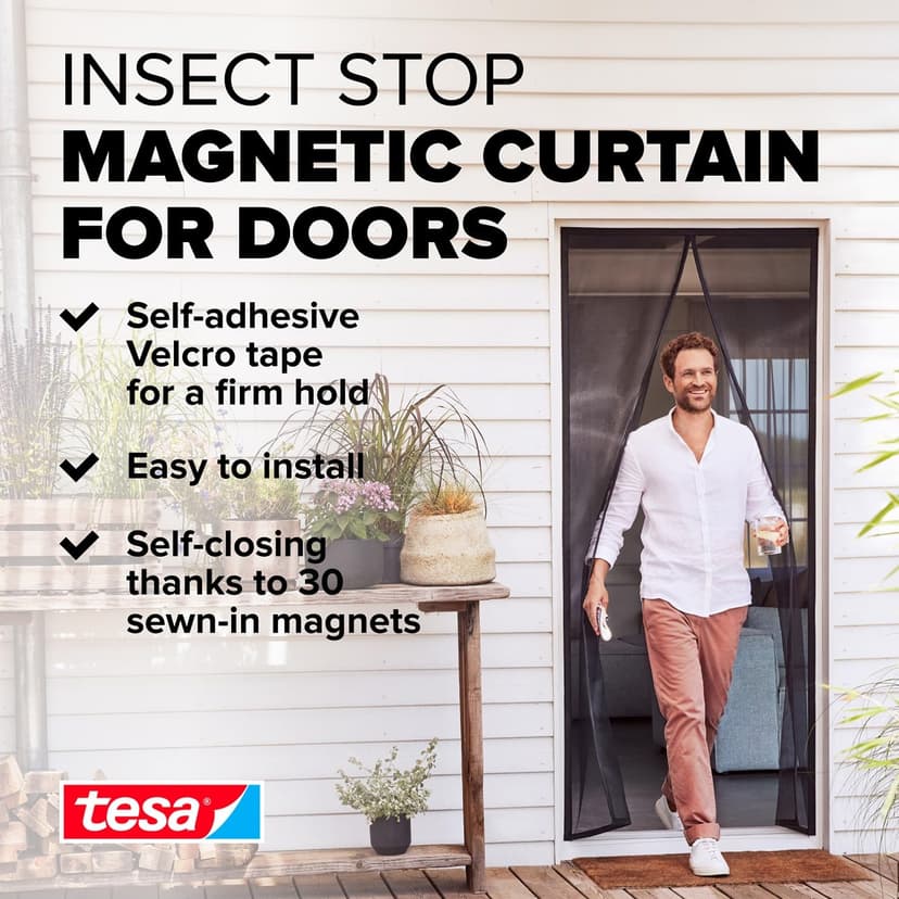 tesa Insect Stop Magnetic Curtain - self-Closing - Insect Screen Curtain with Magnets for Balcony and Patio Doors - for Easy Installation Without Drilling - 2.1 m x 0.9 m - 3