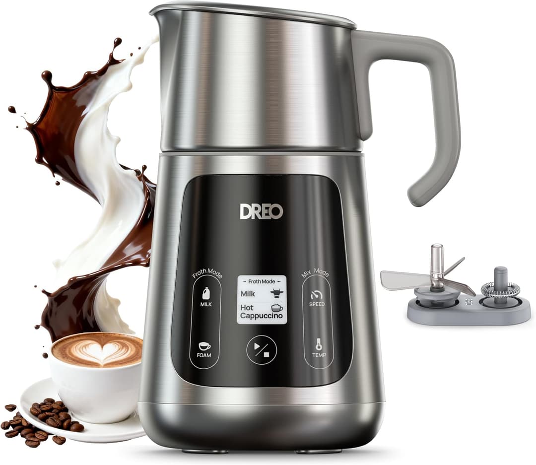 DREO All in 1 Electric Milk Frother [Upgraded], Automatic Milk & Hot Chocolate Maker, Silent Frother for Latte Art Microfoam, Cappuccino, 30+ Drinks, Easy to Clean, Dishwasher Safe, LED Display