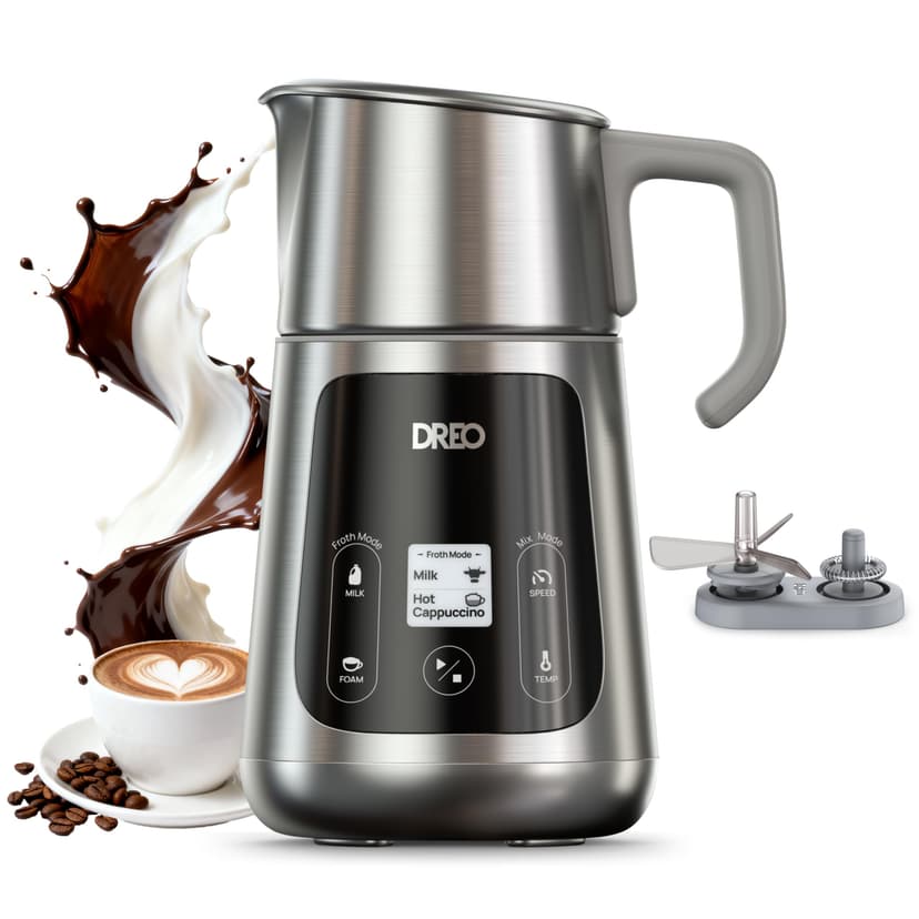 DREO Mousseur à Lait Électrique [Amélioré], Mousseur Automatique All-in-1 de 450ml pour Lait, Cappuccino, Chocolat Chaud, Plus de 30 Boissons, Facile à Nettoyer, Lavable au Lave-vaisselle, Écran LED - 1