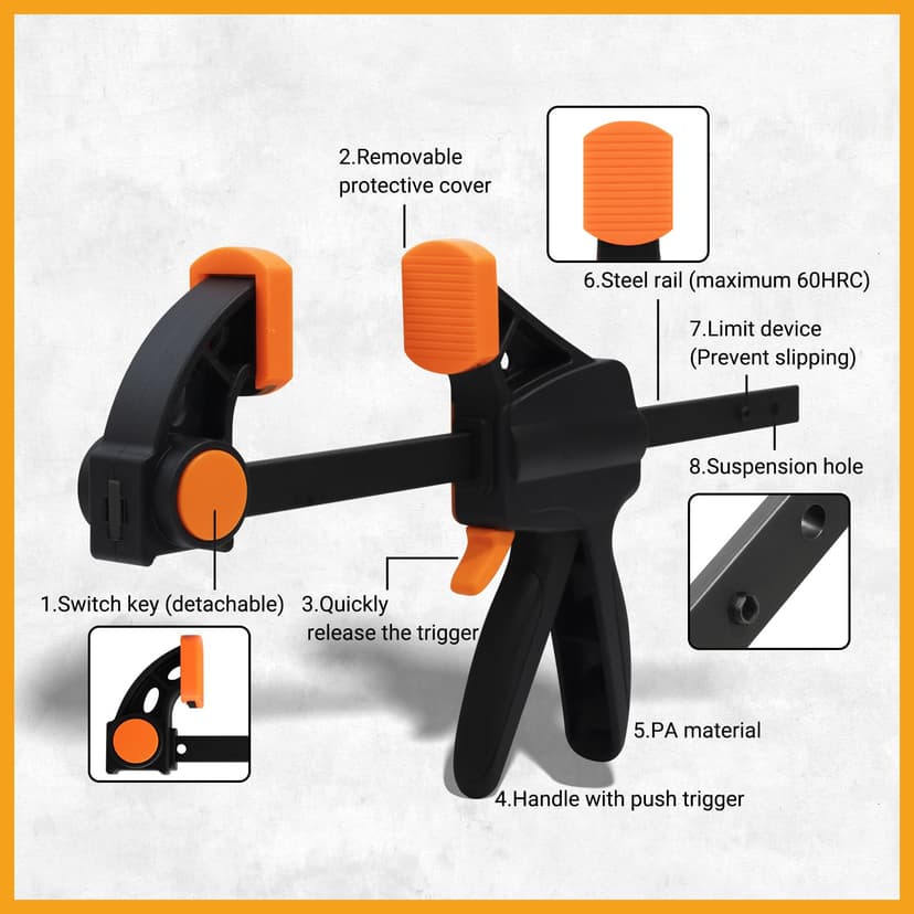TOOLMAYS 2pcs 150 mm Clamps for Woodwork with Connector, Splicable to 620mm as Spreader, 100kg Max Load Wood Clamps Quick Grip, One-Handed Clamp, Ratchet Clamp for Long Woodworking Workpieces - 4