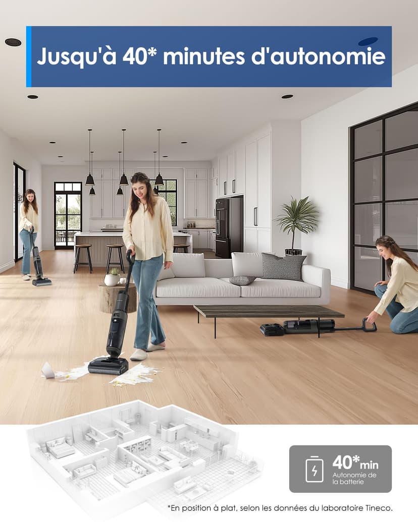 Tineco Floor One i6 Stretch Aspirateur Laveur sans Fil, Aspirateur Sec et Humide, Aspiration Puissante 20 kPa, portée à Plat 180°, Nettoyage Deux Bords, 40 Min d'autonomie, séchage 5 Min 85°C - 8