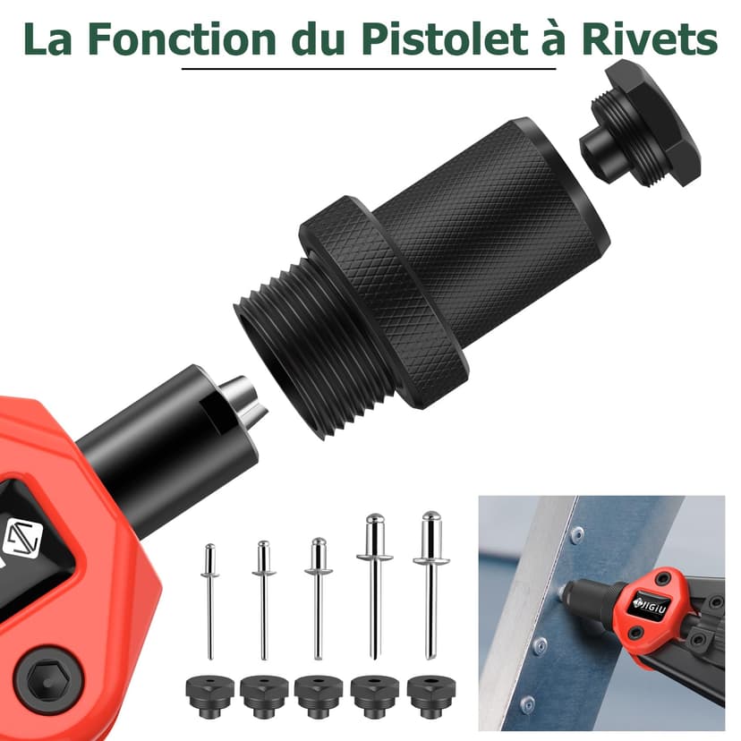 JiGiU 2 in 1 Rivet Nut Tool and Rivet Gun, Professional Hand Rivnut Gun Rivet Nut Gun Tool Heavy Duty Rivnut Tool Kit with M3 M4 M5 M6 M8 M10 M12 & 3.2/4.0/4.8/6.0/6.4 Rivet Heads,110 Nuts & 50 Rivets - 6