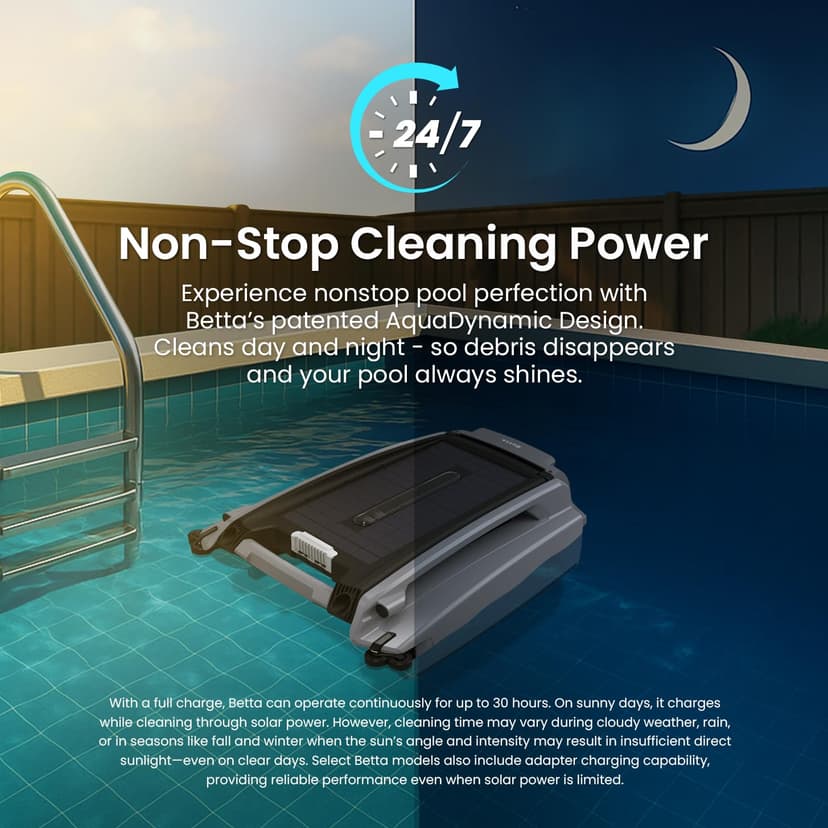 Betta SE Plus - Solar Powered Robotic Pool Surface Skimmer with Dual Charging Options and 30-Hour Continuous Cleaning Battery Power, Shallow Water Safeguard, and Twin Salt Chlorine Tolerant Motors - 2