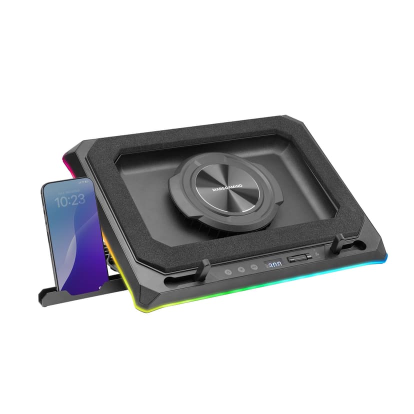 Mars Gaming MNBC-ULTRA, Cooling Base and Stand, 140mm Fan, CoolCore Airflow Technology, RGB Chroma, 5 Positions, Compatibility with Laptops up to 18", Smartphone Holder, 4x USB-A, Black - 1