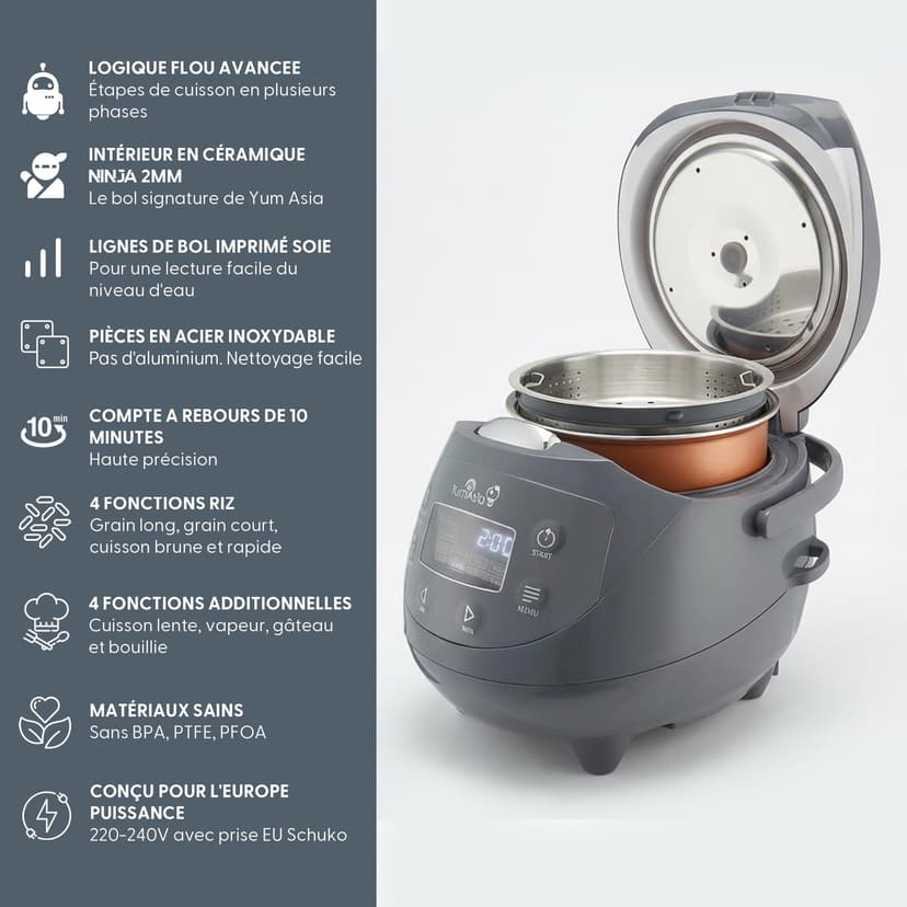 Yum Asia Panda Mini cuiseur à riz avec bol en céramique Ninja et logique floue avancée (3,5 tasses, 0,63 litre) 4 fonctions de cuisson du riz, 4 fonctions multicuiseur, 220-240V (Cobalt Grey) - 3