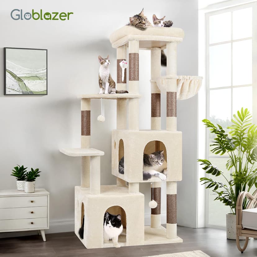 Globlazer Arbre à Chat Beige Grand avec 2 Grande Niches, Doux Plate-Forme, Griffoirs en Sisal, Arbre a Chat Stable Haut 156 cm avec Grandes Bases Tronc épais pour Gros Chats Chatons (F61, Beige) - 8