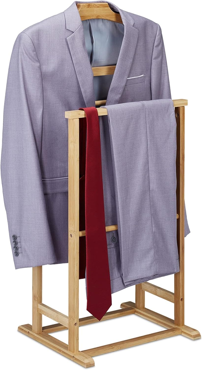 Relaxdays Valet, for Men and Women, Bamboo Coat and Trouser Rack, in Bedroom or Hallway, HWD: 98.5 x 47 x 36 cm, Natural - 1