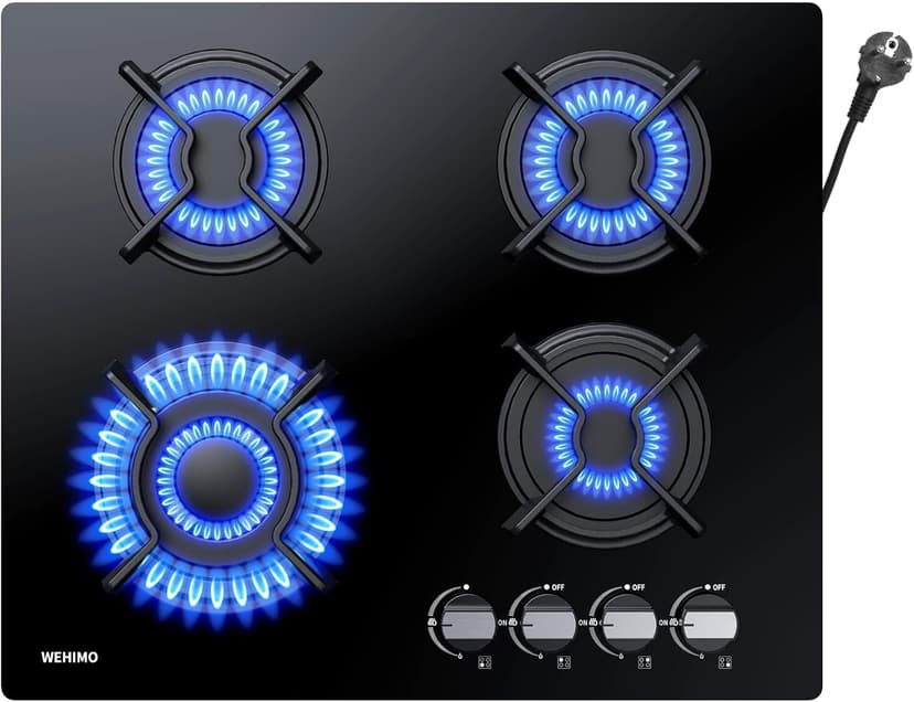 WEHIMO Plaque de Cuisson Gaz 4 Feuxs, Plaque Gaz 4 Feuxs Encastrable, Table de Cuisson 60cm, Grille Fonte, 7800W, Gazs Ville et Bouteille, Verre Noir - 1