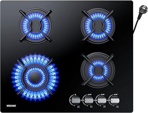 WEHIMO Plaque de Cuisson Gaz 4 Feuxs, Plaque Gaz 4 Feuxs Encastrable, Table de Cuisson 60cm, Grille Fonte, 7800W, Gazs Ville et Bouteille, Verre Noir