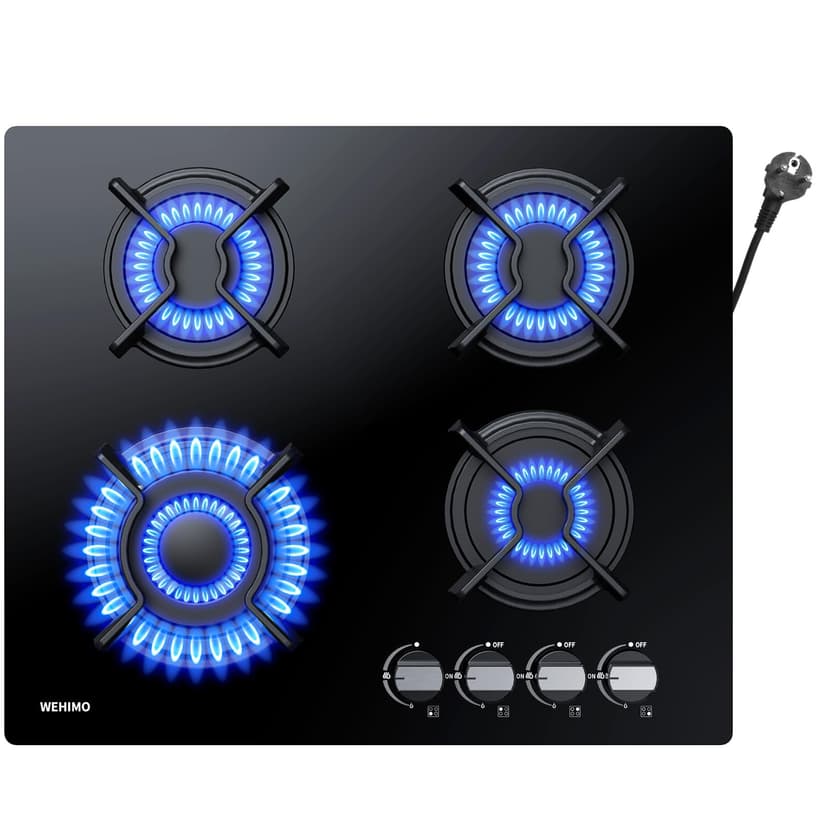 WEHIMO Gas Hob with 4 Burners, Built-in Gas Hob, 60 cm, Cast Iron Grill, 7800W, City Gas and Bottle, Black Glass - 1