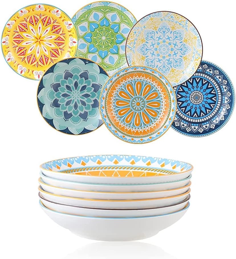 AHX Pasta Bowls Set of 6, 23 oz Shallow Ceramic Bowls for Pasta, Salad, Soup & More - Microwave, Dishwasher & Oven Safe - Colorful Pasta Bowls - 1