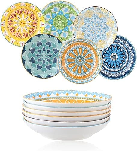AHX Pasta Bowls Set of 6, 23 oz Shallow Ceramic Bowls for Pasta, Salad, Soup & More - Microwave, Dishwasher & Oven Safe - Colorful Pasta Bowls