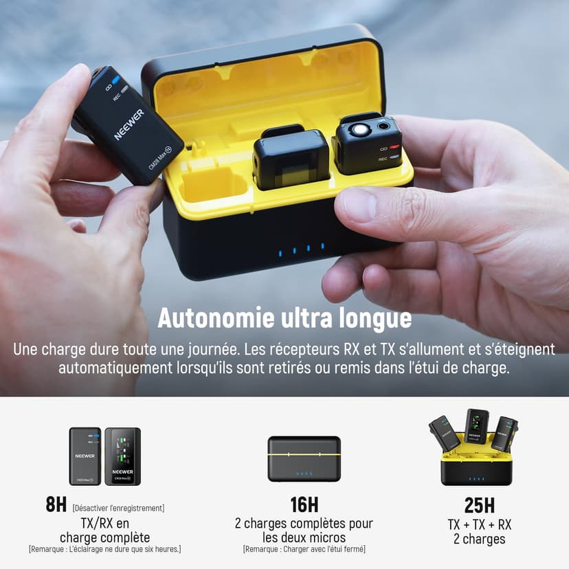 Neewer CM28 Max Système Micros Lavalier sans Fil Boîtier Chargement 48KHz 24Bit Stockage 8GB 25H Portée 300m Enregistrement Vidéo Micro à Annulation Bruits pour iPhone iPad Android Appareil Photo PC - 9