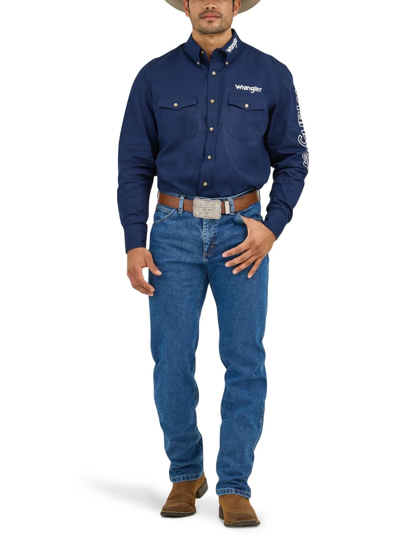 Wrangler Men's Western Logo Two Pocket Long Sleeve Button Shirt, Navy, Large - 5