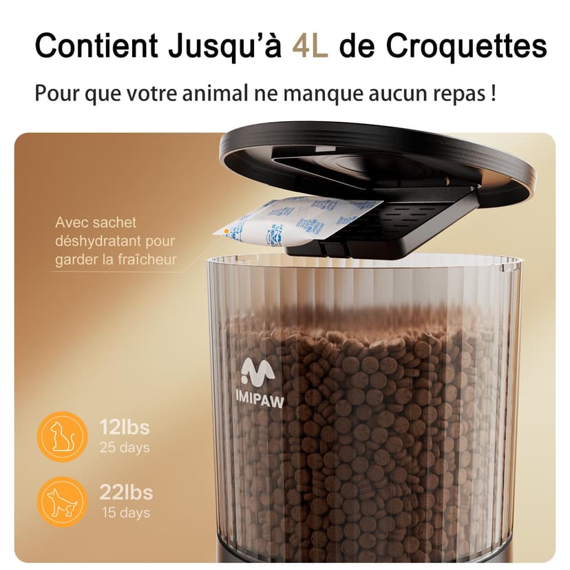 IMIPAW Distributeur Croquettes Chat Automatique, Compatible WiFi 5G et 2.4G, Contrôle App, Jusqu’à 10 Repas par Jour, 4L Mangeoire pour Nourriture Sèche, Idéal pour Les Propriétaires d'animaux - 4