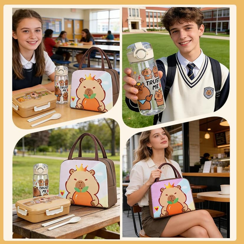 GVMJHYK Capybara Water Bottle with Bento Lunch Box, Pack of 3, Capybara Lunch Bag, Cartoon Animals Cute Water Bottle, Cartoon Lunch Box Children Suitable for Children School or Nursery (Capybara-C) - 7