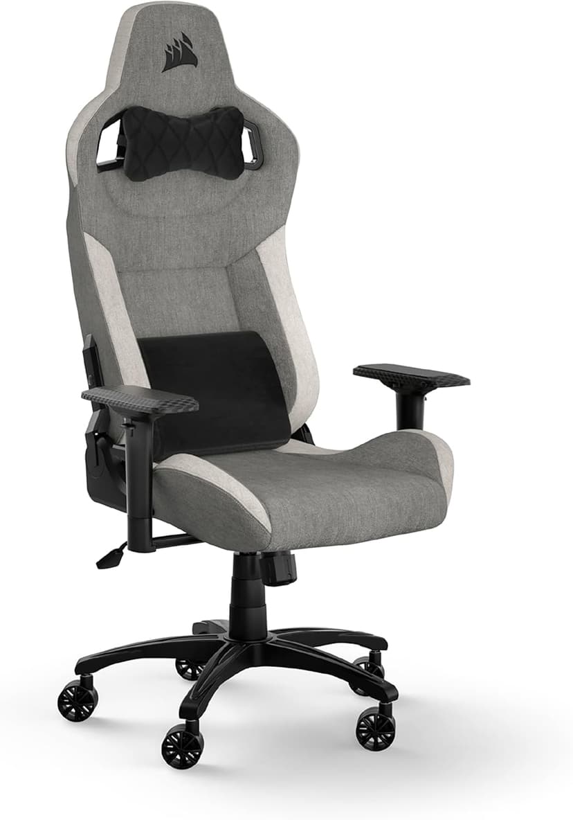 Corsair T3 RUSH Fabric (2023) Gaming Chair - Motorsports Inspired - Soft Fabric Covering - Detachable Neck Cushion and Memory Foam Lumbar Support - Grey & White - 1
