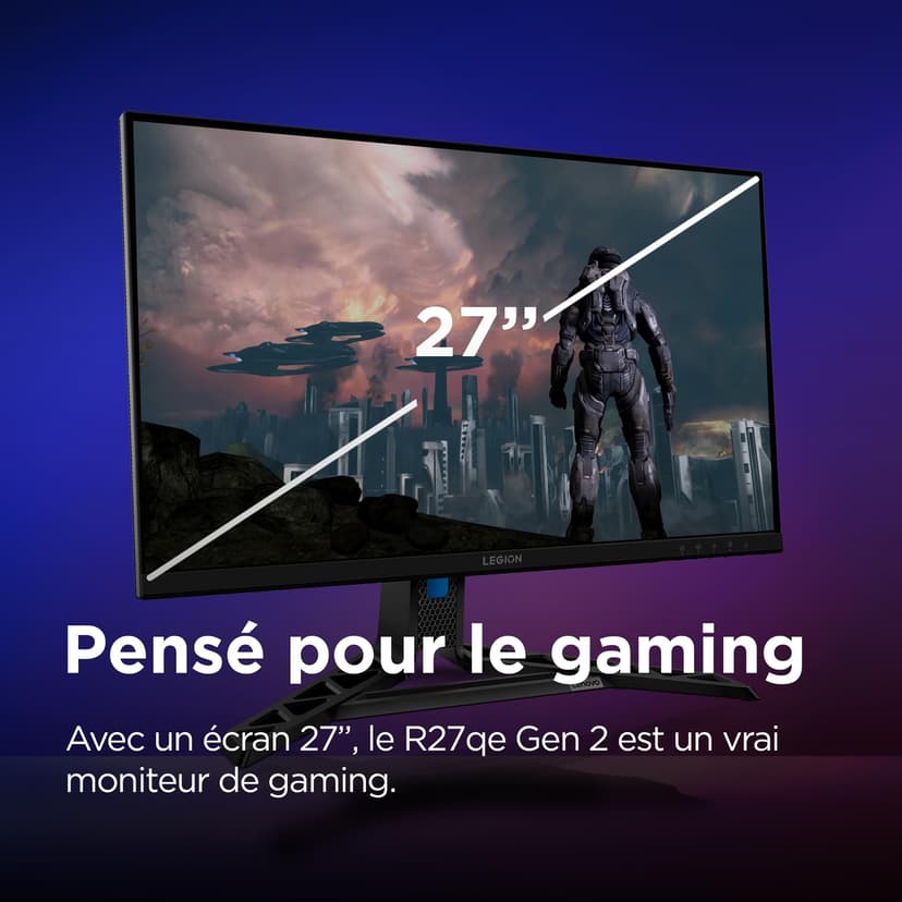 Lenovo Legion R27qe Gen2 - Écran Gaming 27'' (QHD, IPS, 200 Hz, 0.5 ms, HDMI+DP, Câble DP, AMD FreeSync Premium) Réglage en Inclinaison - Noir - 2